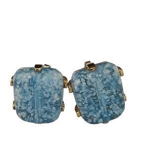Castlecliff Cabochon Blue White Speckle Gemstone Gold Tone Clip on Earring VTG